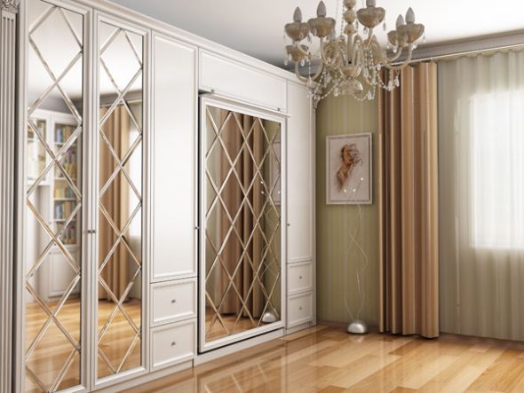 Design della camera da letto del soggiorno con letto sollevabile con specchio