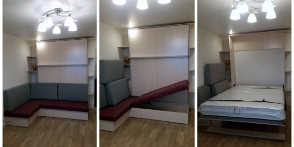 Armadio letto con divano in soggiorno