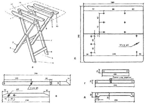 Schema di una sedia pieghevole in legno