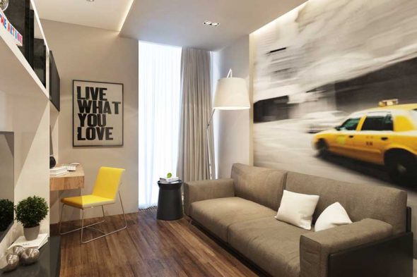 progettazione della camera da letto con divano