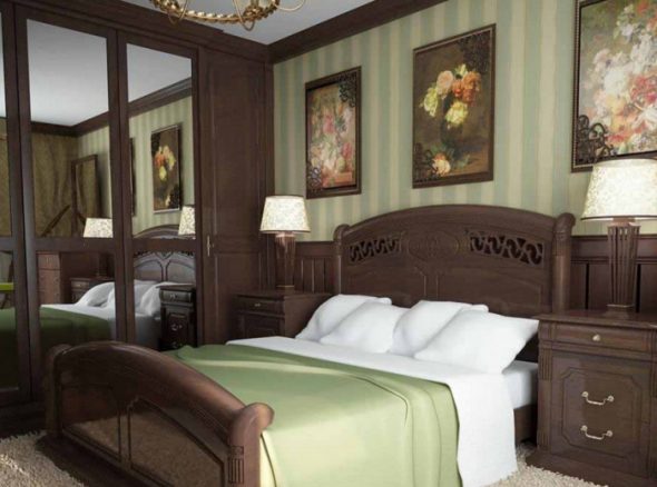 mobili scuri in una camera da letto verde