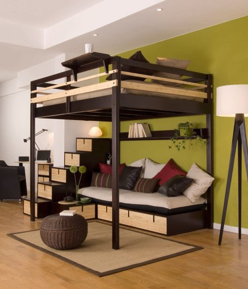 Letto a castello per adulti con divano e cassetti