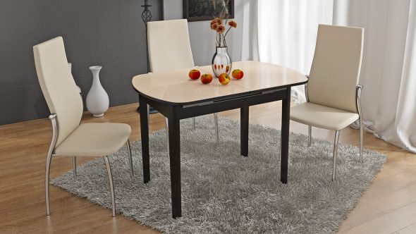 Tavolo da pranzo allungabile con piano in vetro su gambe in legno