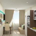progetto di una piccola cucina con divano e TV