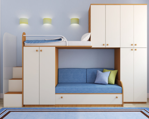 Letto a castello con divano sottostante e spazio di archiviazione extra
