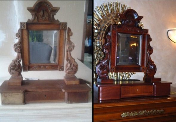 Restauro dello specchio, prima e dopo