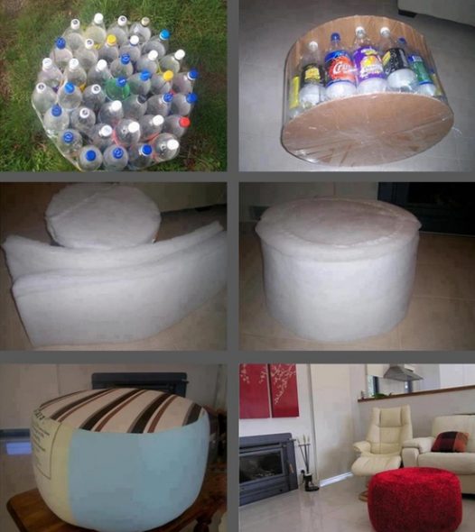 pouf fatto con bottiglie di plastica