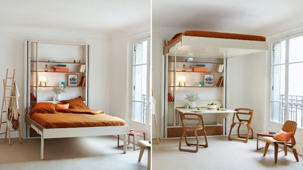 Letto con meccanismo di sollevamento nel design dell'appartamento