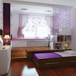 Camera da letto per bambina nei toni del viola con letto estraibile