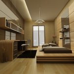 Elegante camera da letto con mobili incorporati e letto a podio