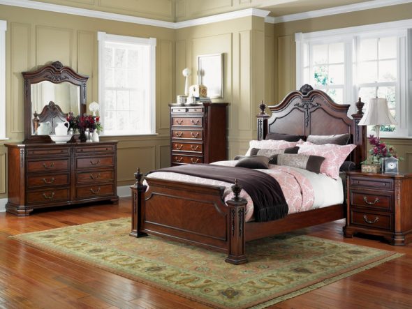 Elegante camera da letto in stile classico con letto in legno vicino alla finestra