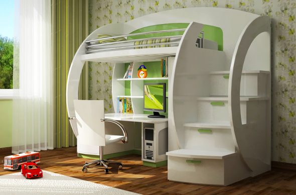 Letto a soppalco bianco con zona lavoro