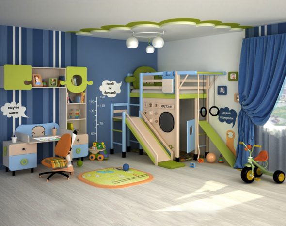 Letto a soppalco per bambini con scivolo e angolo sportivo