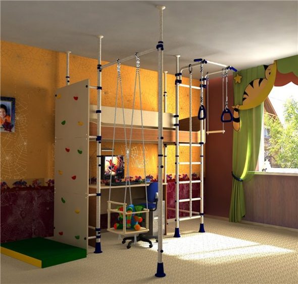 Letto a soppalco per bambini con angolo sportivo