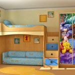 Cameretta per bambini con letto a soppalco per un maschio nei toni del blu con Winnie the Pooh