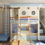 Letto a castello in una cameretta per bambini con area giochi e sport