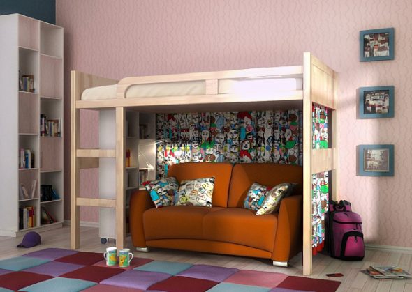 Interno di una camera da letto moderna con letto a soppalco e divano letto