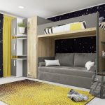 Camera per adolescenti con letto a soppalco e divano grigio