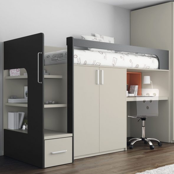Letto a soppalco con zona lavoro e armadio a muro