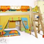 Design luminoso e multicolore di una cameretta per bambini con area giochi e letto a soppalco