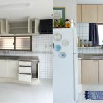 Foto della cucina prima e dopo il restauro con pellicola