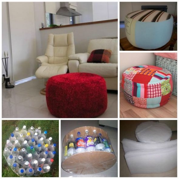 Pouf realizzato con bottiglie di plastica