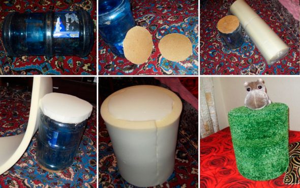 Pouf ricavato da una grande bottiglia di plastica