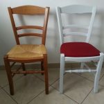 Sedia in legno bianco e rosso dopo il restauro