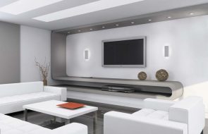 Elegante soggiorno bianco con arredamento minimale