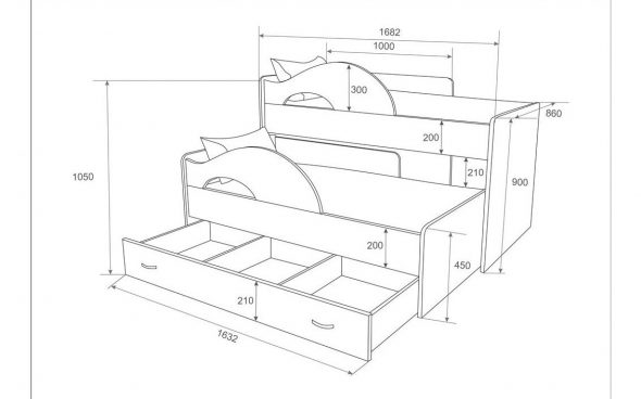 Disegno di un letto estraibile a due piani