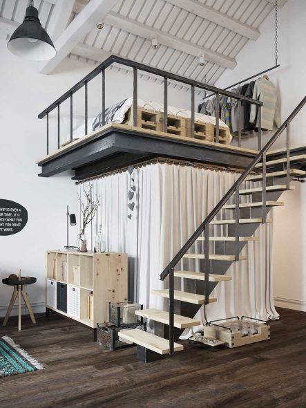 Letto in stile scandinavo sotto il soffitto