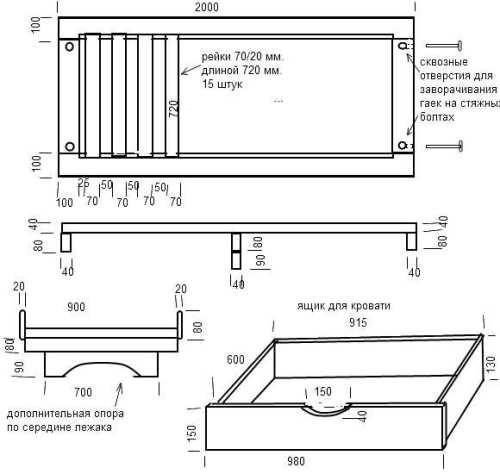 Schema di montaggio di un letto con cassetti