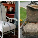 Una sedia elegante con gambe e braccioli decorati prima e dopo il restauro