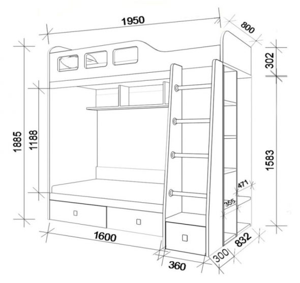 Disegno di un letto a castello normale