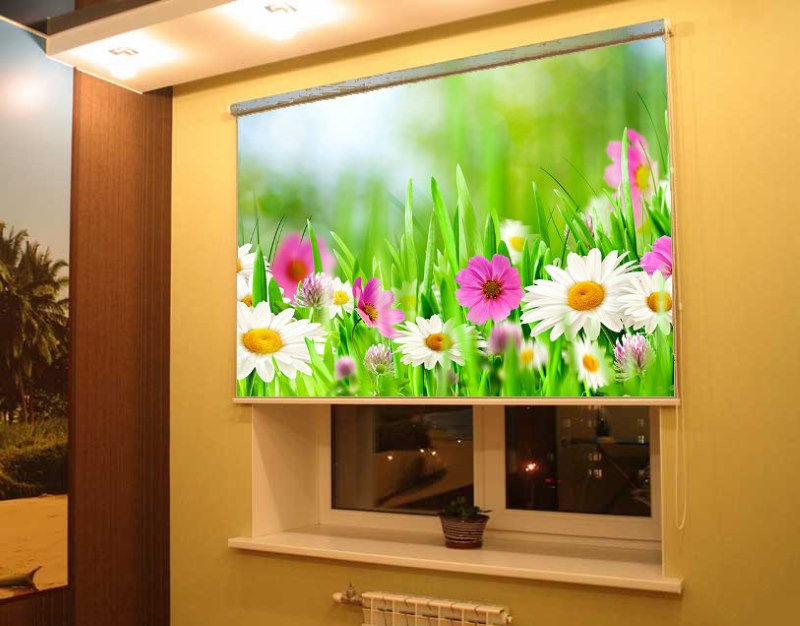 Grandi fiori su tenda a rullo aperta