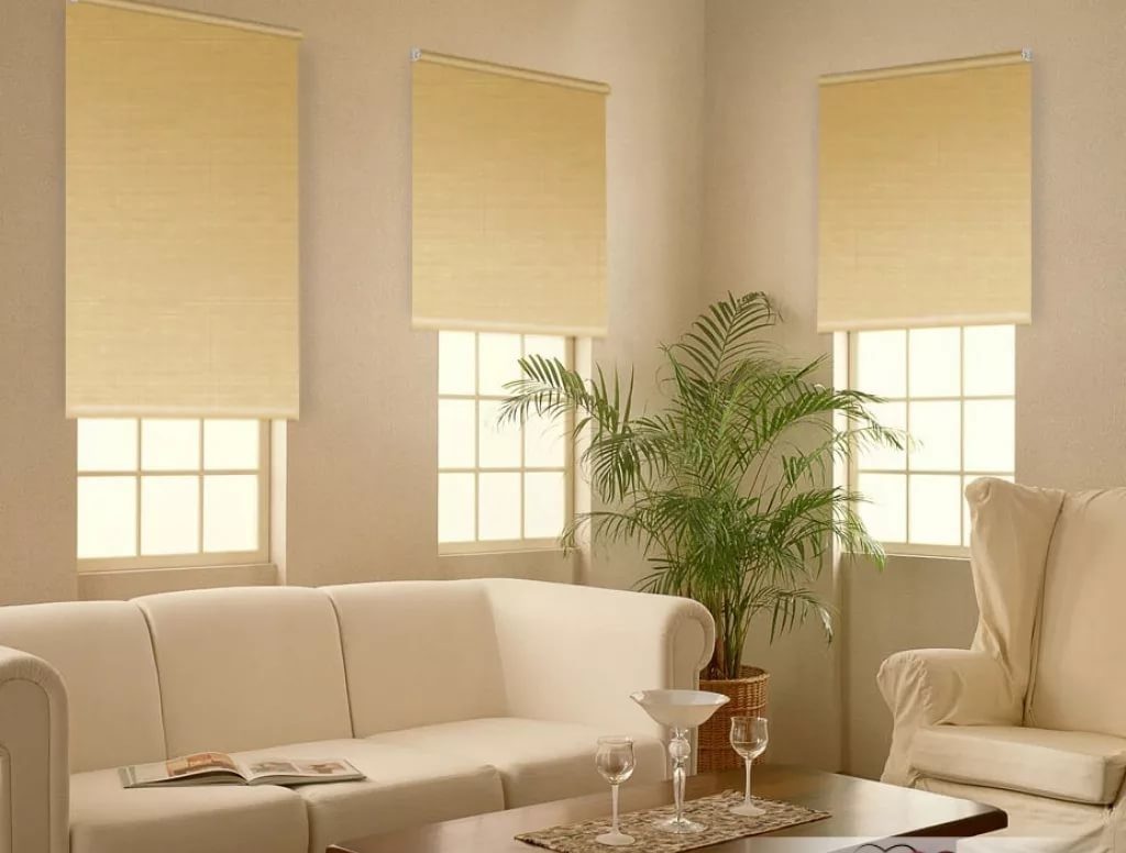Interno del soggiorno con tende oscuranti beige