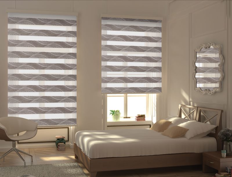 Design della camera da letto con tende a rullo zebrate