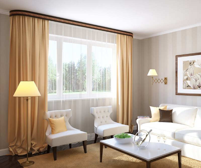 Decorazione della finestra con tende su una cornice con bordi arrotondati
