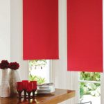 Tende a rullo rosse sulle finestre alte della cucina
