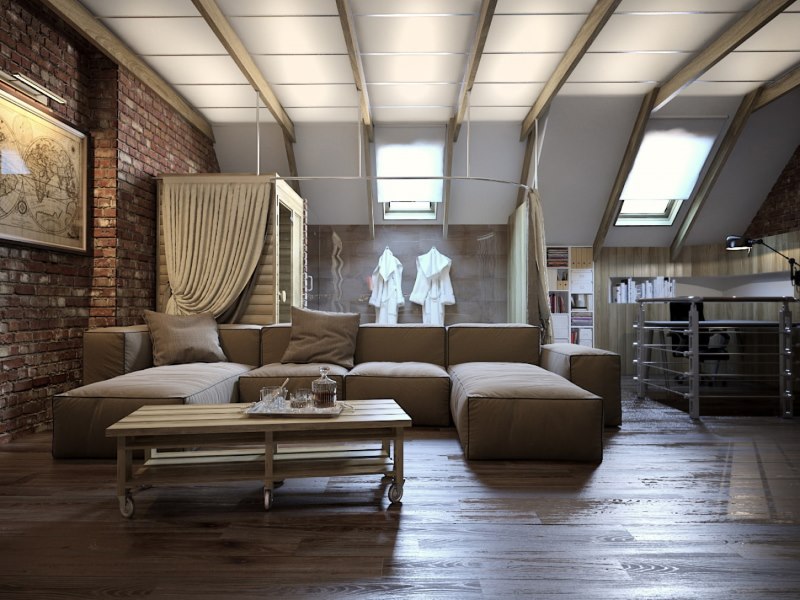 Mansarda in stile loft con tende a rullo alle finestre