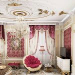 Eleganti tende e mantovane color bordeaux per una camera da letto lussuosa