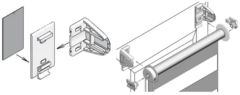 Diagram montaže nosilcev in obešanje rolet na trak
