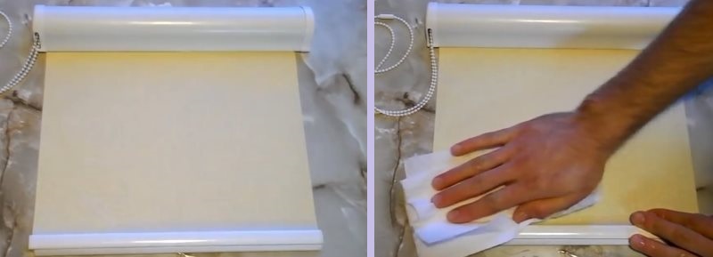 Rimozione delle macchie dalle tende a rullo con un panno morbido
