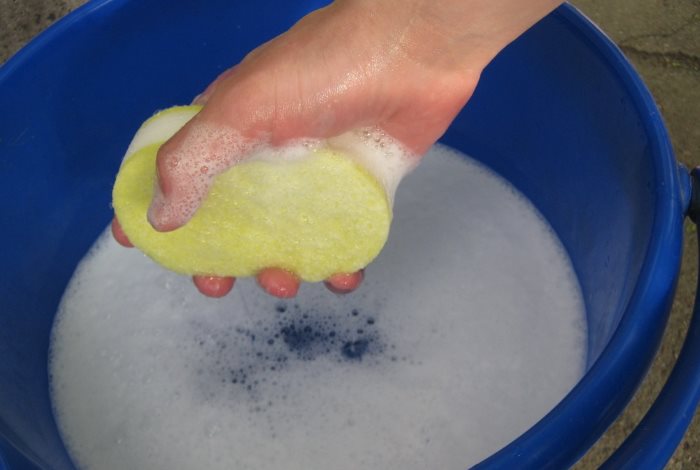 Spugna con acqua saponata per lavare le tende a rullo