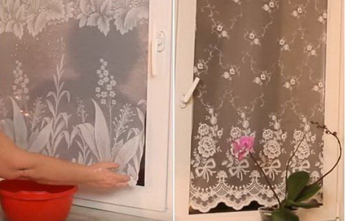Incollaggio fai da te del tulle sul vetro di una finestra di plastica