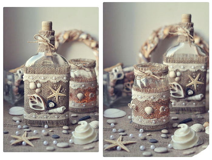 decorare le bottiglie con le conchiglie