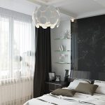 Combinazione di tulle bianco con tende nere in camera da letto