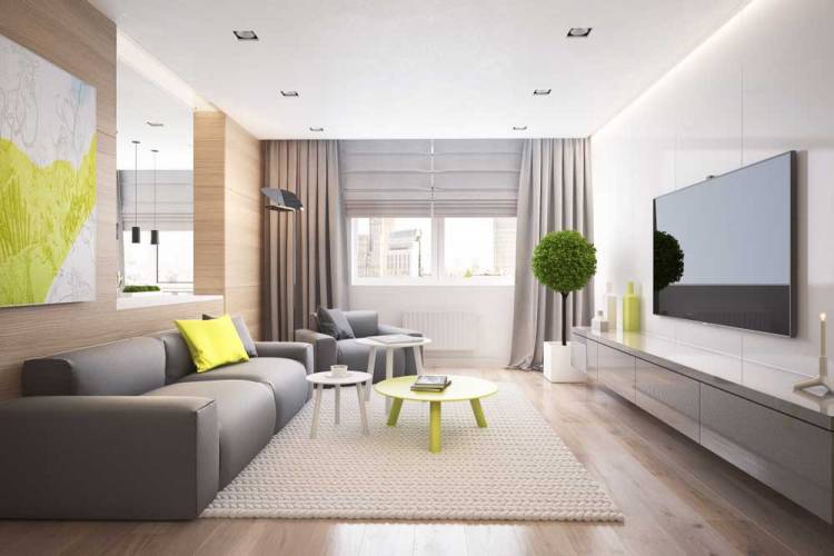 Design moderno del soggiorno con tende combinate